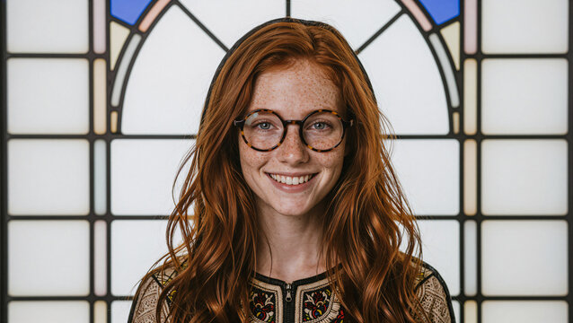 Smiling young redhead woman with glasses posing near stained glass