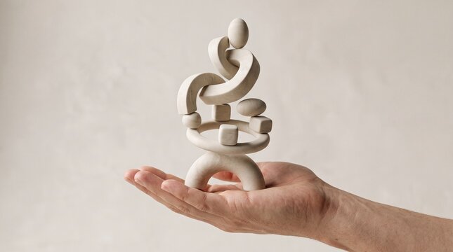 Minimalist white abstract sculpture held in a human hand, featuring organic interlocking rings and artistic ceramic forms