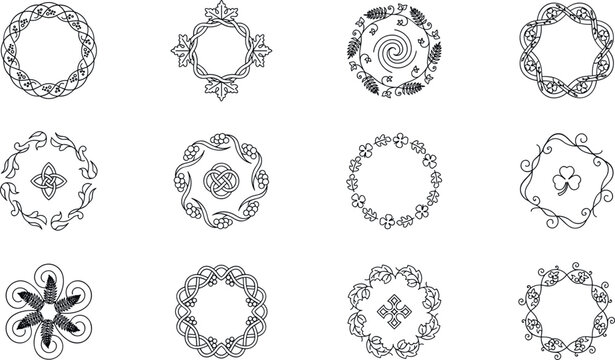 Celtic knot wreaths and traditional Irish shamrock frames vector set featuring black circular tribal ornaments and mystical knotwork badges