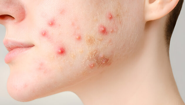 Close-up profile of a person showing severe inflammatory acne blemishes alongside dry, flaky, irritated skin texture on the cheek and jaw, illustrating dermatological health concerns.