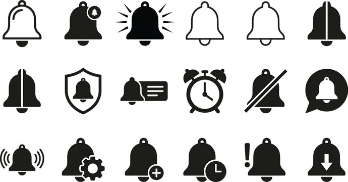 Set of notification bell and alarm clock icons for user interface reminder alerts and digital message system.