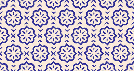 Obraz na płótnie Canvas Hand drawn geometric blue seamless pattern in flat contour style, classic mediterranean ceramic tile ornament with elegant floral motifs, azulejo inspired vector background for rustic home aesthetics