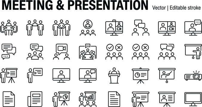 Corporate meeting and lecture presentation outline icon set featuring virtual conference seminar workflow discussion training video communication