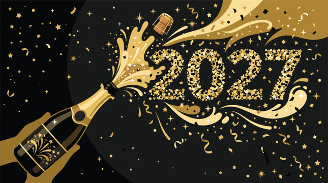 New Year 2027 celebration. Champagne bottle popping with gold confetti