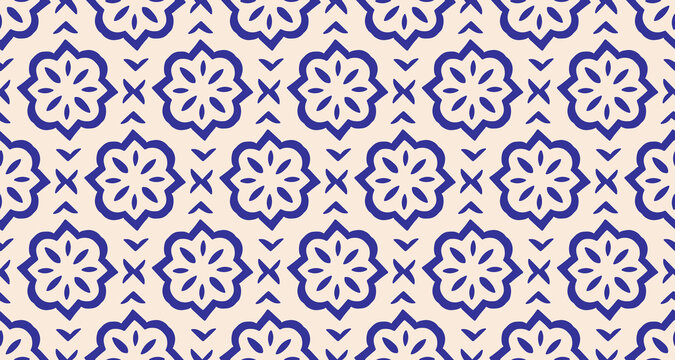 Hand drawn geometric blue seamless pattern in flat contour style, classic mediterranean ceramic tile ornament with elegant floral motifs, azulejo inspired vector background for rustic home aesthetics