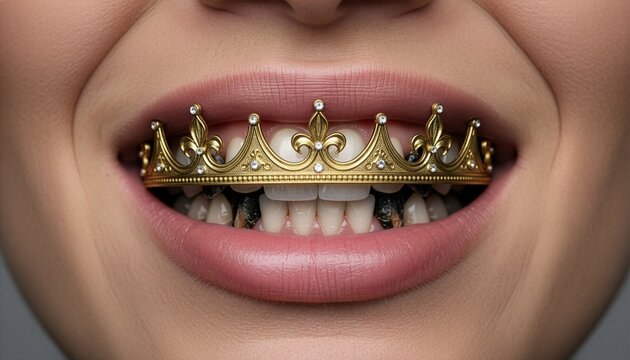 Close-up of a human smile showing teeth adorned with a luxury gold crown grillz jewelry featuring intricate royal patterns and small diamonds, symbolizing wealth, status, and oral fashion.