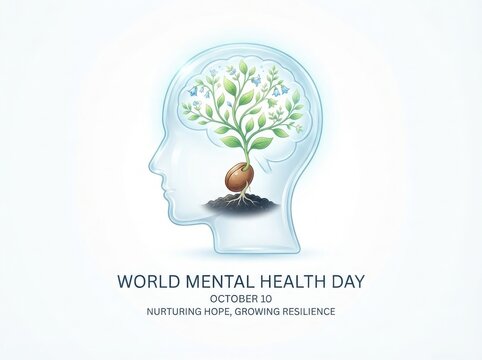World mental health day illustration with human profile and growing tree seedling concept seedling psychology
