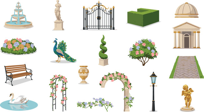 Classical luxury garden vector element set featuring royal fountains marble statues topiaries flower arches gates and manicured landscape icons