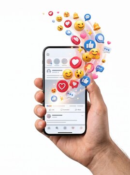 A hand holding a smartphone showing social media feed with many flying 3d emojis like hearts and likes popping out