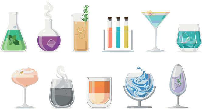 Colorful chemistry cocktail drinks vector set featuring laboratory flasks test tubes and alcoholic science beverages on white background