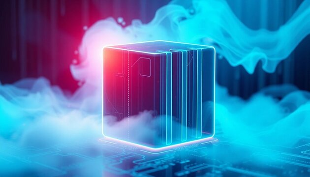 Neon-lit server box, glowing blue lines, futuristic data storage, cyberpunk technology concept