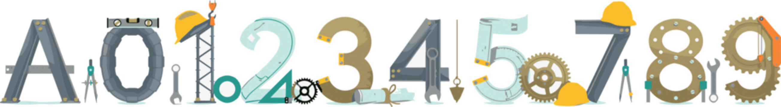 Construction and engineering alphabet set featuring industrial tools gears numbers and letters decorated with helmets cranes and hardhats