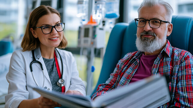 Oncology research nurse explaining clinical trial eligibility criteria to middle-aged male patient during informed consent session in infusion center private bay, study protocol binder open between 