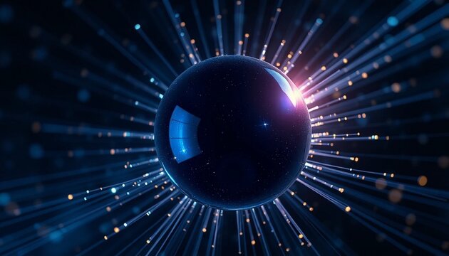 Glowing blue sphere, neon light rays, futuristic energy background, abstract technology