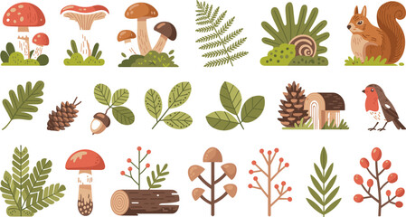 Cottagecore autumn nature icons collection featuring edible mushrooms acorn fern log and forest foliage © Md