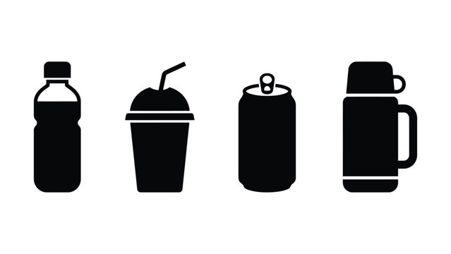Four black silhouettes of various beverage containers on white background