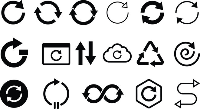 Set of loop reload and refresh icons representing rotation circle synchronization processing and repeat motion.