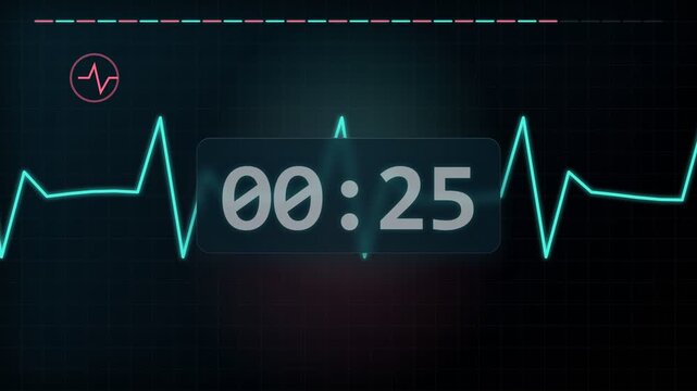 30 Second Countdown Timer Animation from 30 to 0 Seconds with Numbers for Videos Digital heart rate monitor. Medical pulse rhythm sensor on a dark background.