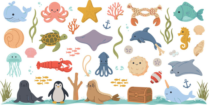Cute ocean animals vector elements set featuring cartoon sea creatures whale octopus turtle seal and underwater marine life