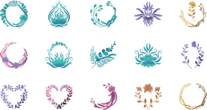 Elegant watercolor floral wreath frames collection with purple teal gold botanical borders branches leaves hearts and fantasy elements vector set