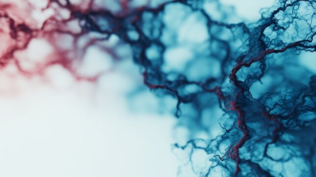 Abstract close-up of a blue and red branching network resembling veins or neural pathways with soft blurred background.