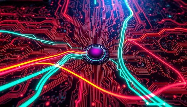 Neon circuit board, glowing pink and blue wires, futuristic technology background, cyberpunk design