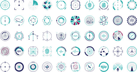 Futuristic science fiction HUD interface circle element icons set with digital target radar metrics isolated on white backgroun © Md
