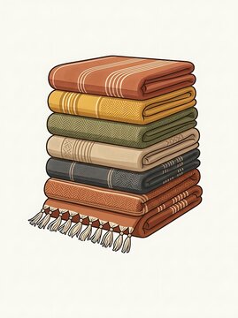 Stack of folded woven blankets with tassels in earthy tones