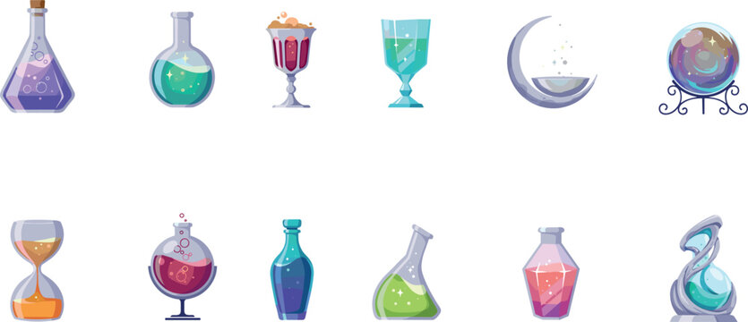 Magic potion bottles wizard flasks crystal ball and mystical cocktail drinks vector elements set on a white background