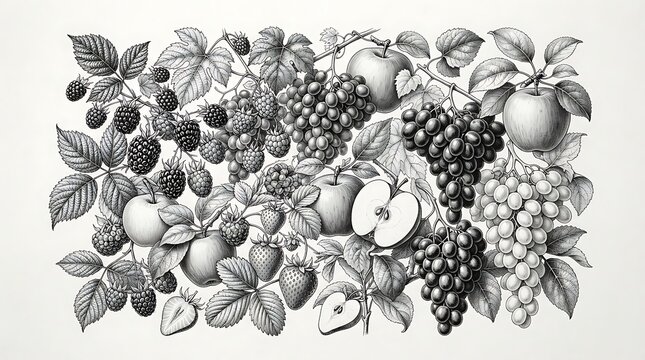 Black and white of assorted fruits and leaves, including apples, grapes, strawberries, and blackberries