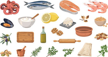 Mediterranean diet healthy food vector elements collection with fresh fish salmon octopus shrimp lemon olive oil herbs and nuts © Md