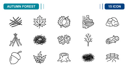 15 Autumn forest linear icon set maple leaf, acorn, chestnut, tree stump, UI and web interface design © Iconbyart1