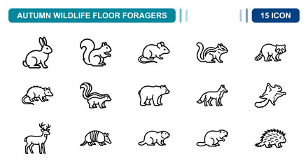 Fototapeta premium 15 Autumn wildlife linear icon set squirrel rabbit bear fox deer, UI and web interface design