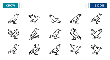 15 Crow linear icon set raven, black bird, flying, perched, UI and web interface design © Iconbyart1