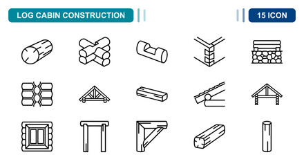 15 Log cabin construction linear icon set timber wood house building, UI and web interface design © Iconbyart1