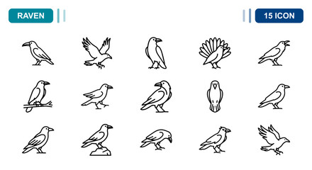 15 Raven linear icon set crow bird flying perched wildlife, UI and web interface design © Iconbyart1