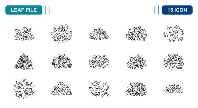 15 Leaf pile linear icon set autumn foliage, garden waste, UI and web interface design