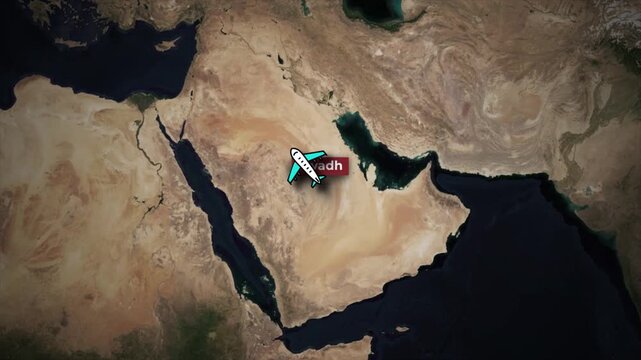 Airplane Flight Route Animation Riyadh to Frankfurt on Satellite Map