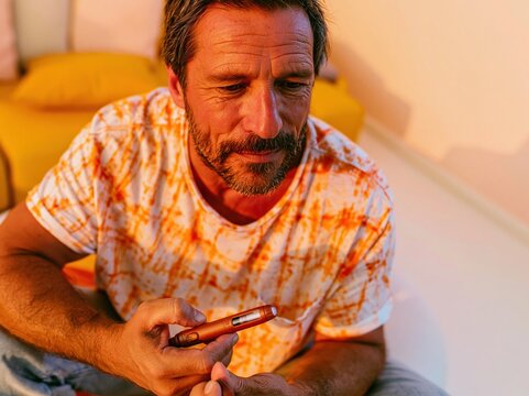 Adult man holding an insulin injection pen in a warm peach and coral setting, preparing for diabetes self-medication in a cozy home environment