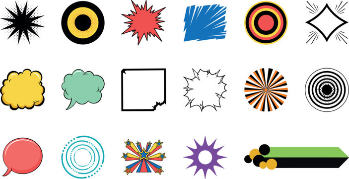 Retro pop art comic book vector badges set featuring text frames speech bubbles explosion bursts and vintage design elements