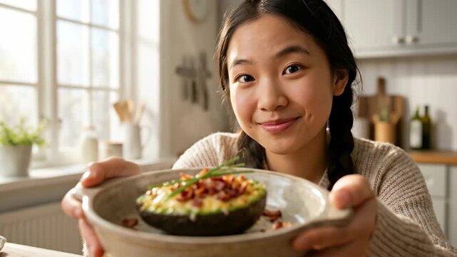 A young woman proudly presents a delectable stuffed avocado, its vibrant green flesh brimming with savory toppings, a culinary masterpiece ready to be savored.