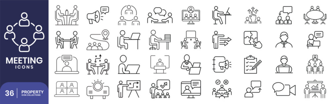 Meeting business related icons set. Including discussion, team, schedule, conference, collaboration, agenda, communication, and planning. Editable stroke.
