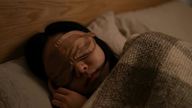 A young woman drifts into deep slumber, wearing a soft silk eye mask while curled comfortably under a warm duvet in the quiet stillness of the bedroom.