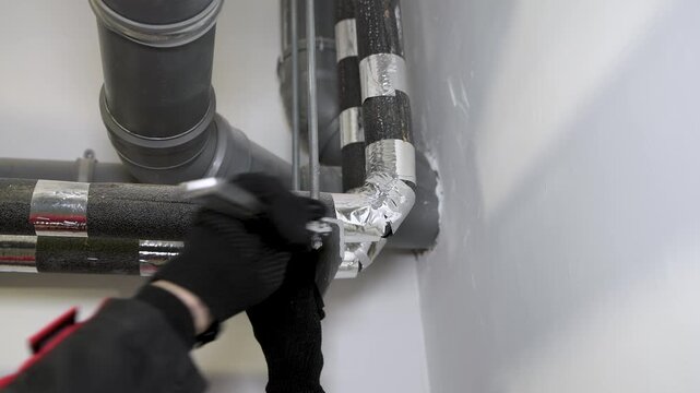 Worker is installing a water supply system. Repairing water pipes in a utility room. Tightening the fasteners with an adjustable wrench.