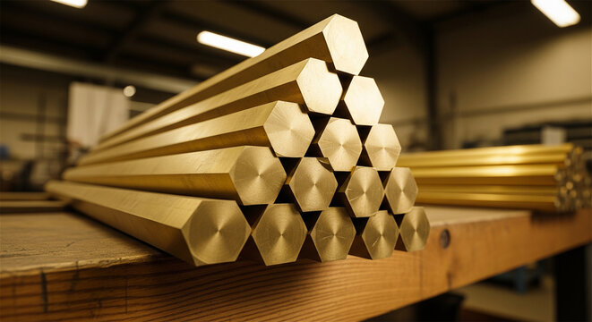 Hexagonal brass bars stacked in a workshop, industrial metal rods on a wooden workbench, raw brass alloy materials for manufacturing