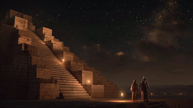 Ancient Babylonian priests standing on a massive ziggurat at night, carefully observing the stars above the Mesopotamian city, clay tablets with astronomical markings and calculati