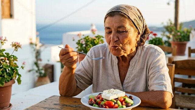 An elderly woman with a headscarf enjoys a Greek salad at an outdoor taverna.