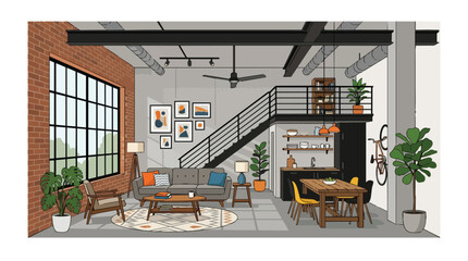Industrial Style Loft Living Room Interior with Brick Wall Mezzanine Stairs and Modern Furniture Home Decor Concept © hayati
