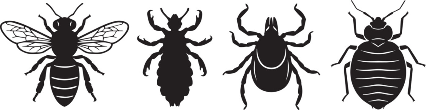 Insect Pest Icons Set - Honey Bee, Tick, Bed Bug and Woodlouse Black and White Vector Collection .