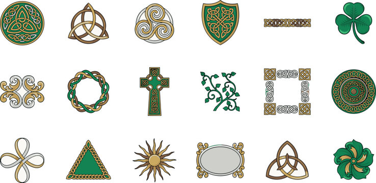 Traditional Celtic knot ornament vector set featuring gold and green trinity knots crosses shields shamrocks and ethnic cultural decorations